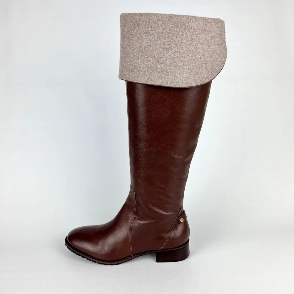 Talbots Womens Brown Leather Tall Over the Knee Boots Wool Cuff OTK size 6